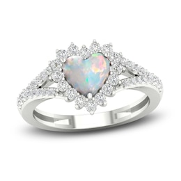 Lab-Created Opal & White Lab-Created Sapphire Ring Sterling Silver