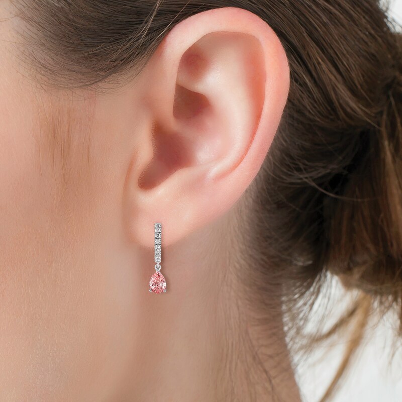 Main Image 3 of Pear-Shaped Pink Lab-Created Diamond & White Lab-Created Diamond Hoop Earrings 2 ct tw 14K White Gold