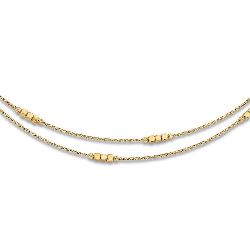 Double Strand Beaded Chain Necklace 14K Yellow Gold 17"