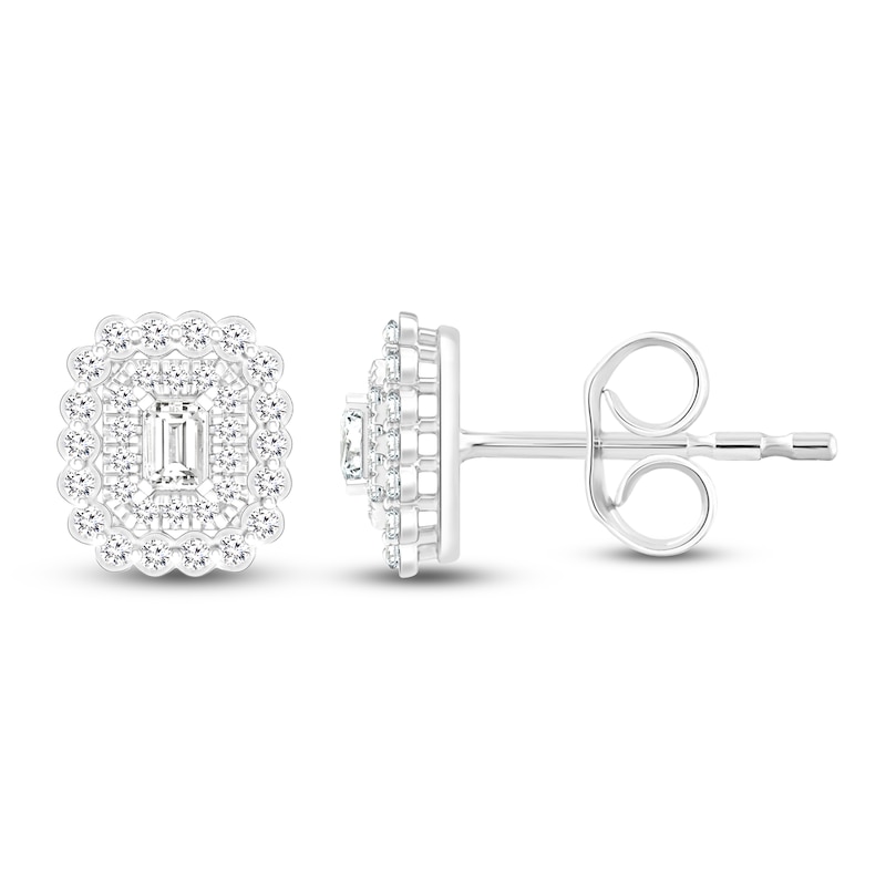 Main Image 1 of Emerald-Cut & Round Diamond Scalloped Halo Earrings 1/2 ct tw 10K White Gold