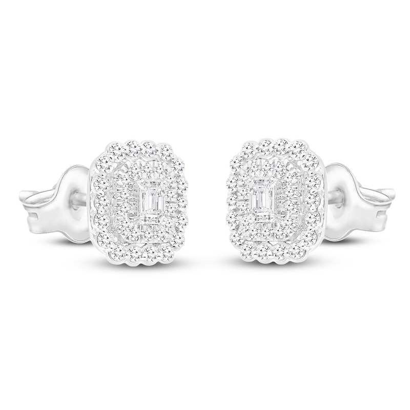 Main Image 2 of Emerald-Cut & Round Diamond Scalloped Halo Earrings 1/2 ct tw 10K White Gold