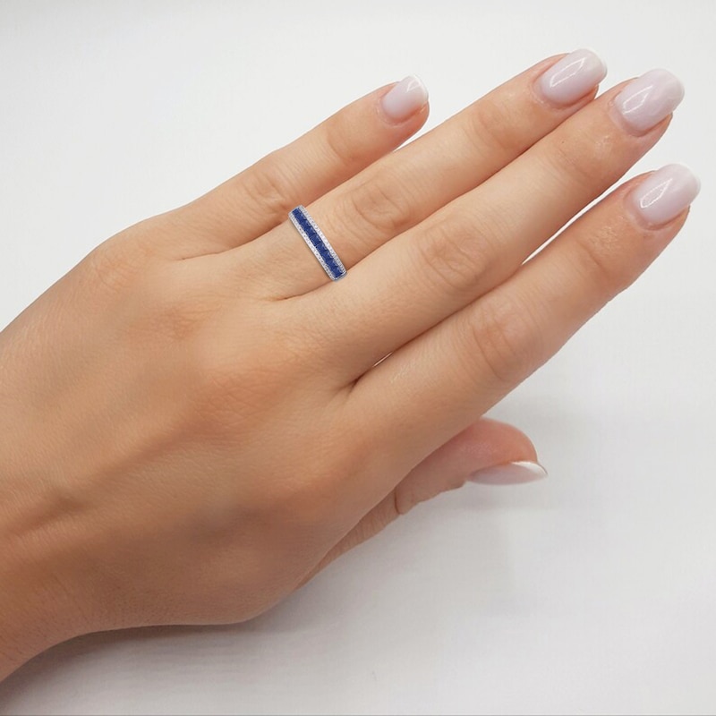 Kallati Square-Cut Natural Blue Sapphire & Diamond Ring 1/8 ct tw 14K White Gold
