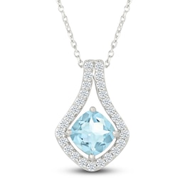 Cushion-Cut Natural Aquamarine & White Lab-Created Sapphire Halo Necklace Sterling Silver 18&quot;