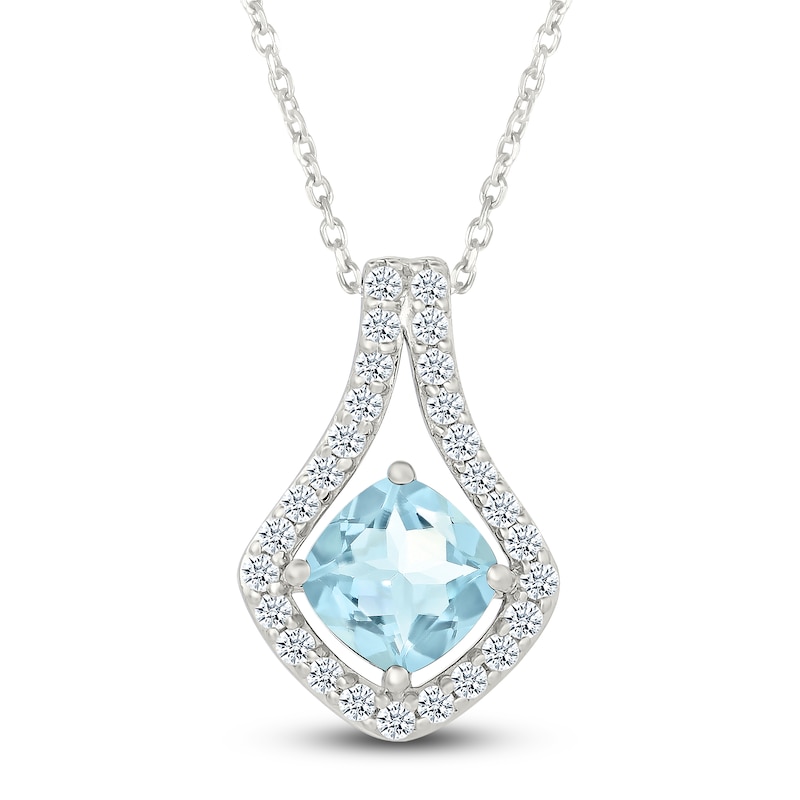 Cushion-Cut Natural Aquamarine & White Lab-Created Sapphire Halo Necklace Sterling Silver 18"