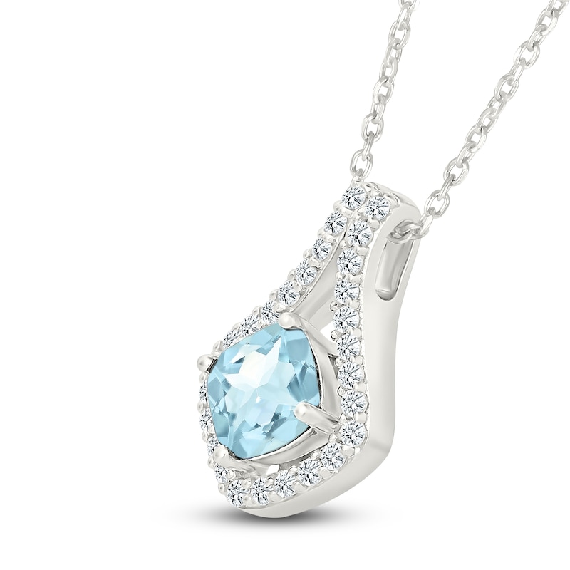 Cushion-Cut Natural Aquamarine & White Lab-Created Sapphire Halo Necklace Sterling Silver 18"