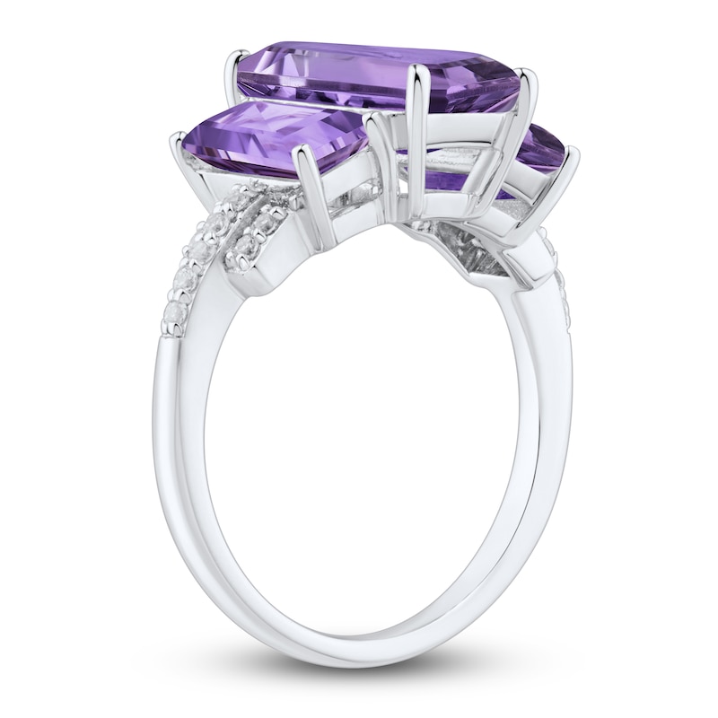 Main Image 2 of Baguette-Cut Natural Amethyst & White Lab-Created Sapphire Three-Stone Ring Sterling Silver