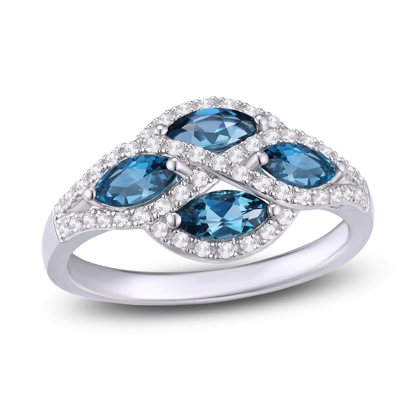 Marquise-Cut Natural London Blue Topaz & White Lab-Created Sapphire Ring Sterling Silver