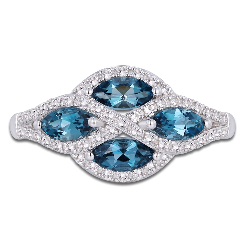 Main Image 3 of Marquise-Cut Natural London Blue Topaz & White Lab-Created Sapphire Ring Sterling Silver