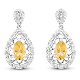 Pear-Shaped Natural Citrine & Diamond Dangle Earrings 1/6 ct tw Sterling Silver