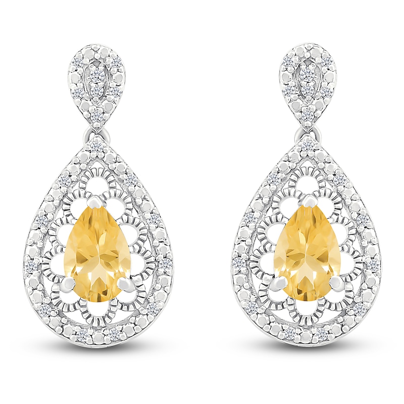 Main Image 1 of Pear-Shaped Natural Citrine & Diamond Dangle Earrings 1/6 ct tw Sterling Silver