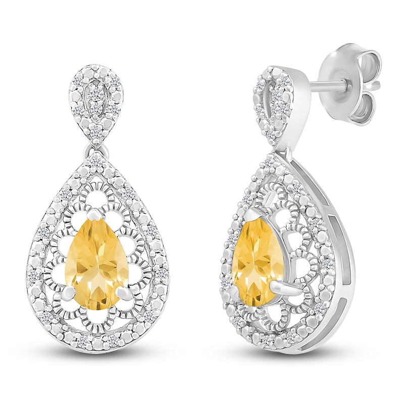 Main Image 2 of Pear-Shaped Natural Citrine & Diamond Dangle Earrings 1/6 ct tw Sterling Silver