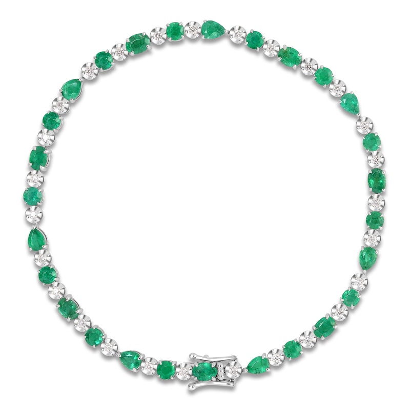 Main Image 1 of Oval, Pear & Round-Cut Natural Emerald & Diamond Bracelet 1/5 ct tw 14K White Gold 7&quot;