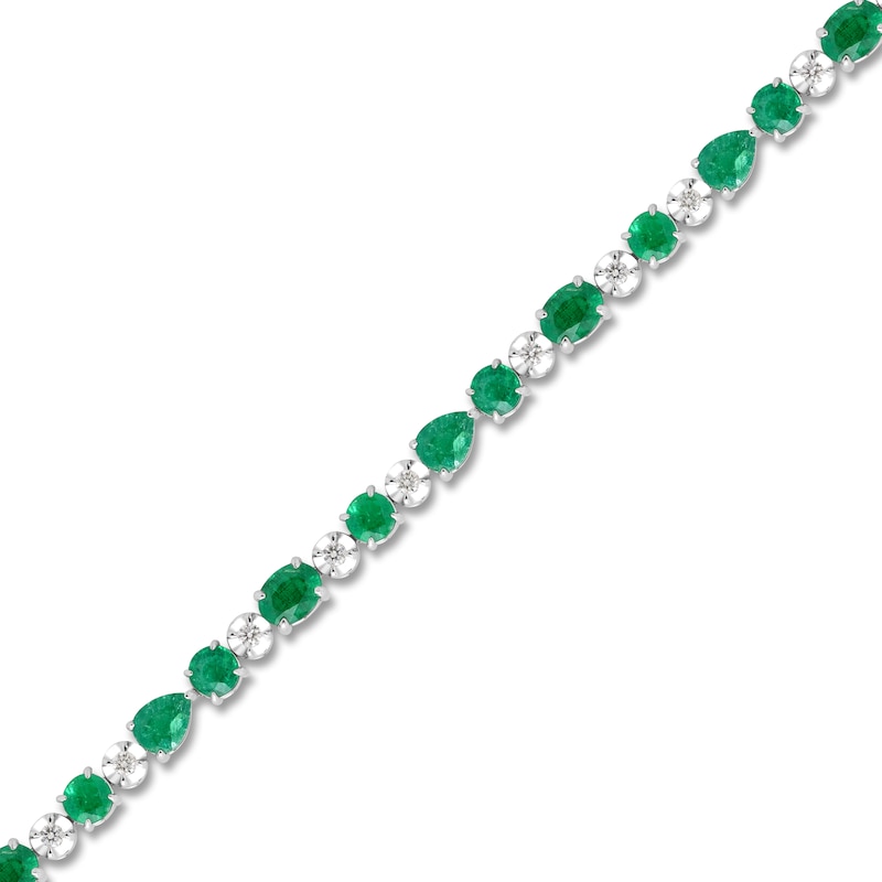 Main Image 2 of Oval, Pear & Round-Cut Natural Emerald & Diamond Bracelet 1/5 ct tw 14K White Gold 7&quot;