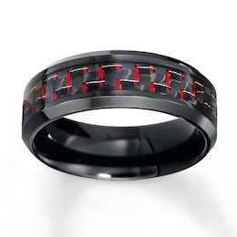 Wedding Band Black Stainless Steel Red Carbon Fiber 8mm