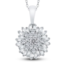 Diamond Floral Pendant Necklace 3/8 ct tw Round/Baguette 10K White Gold