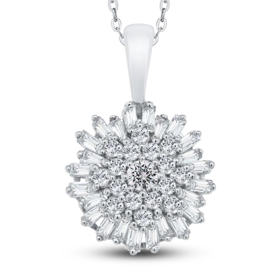 Diamond Floral Pendant Necklace 3/8 ct tw Round/Baguette 10K White Gold ...