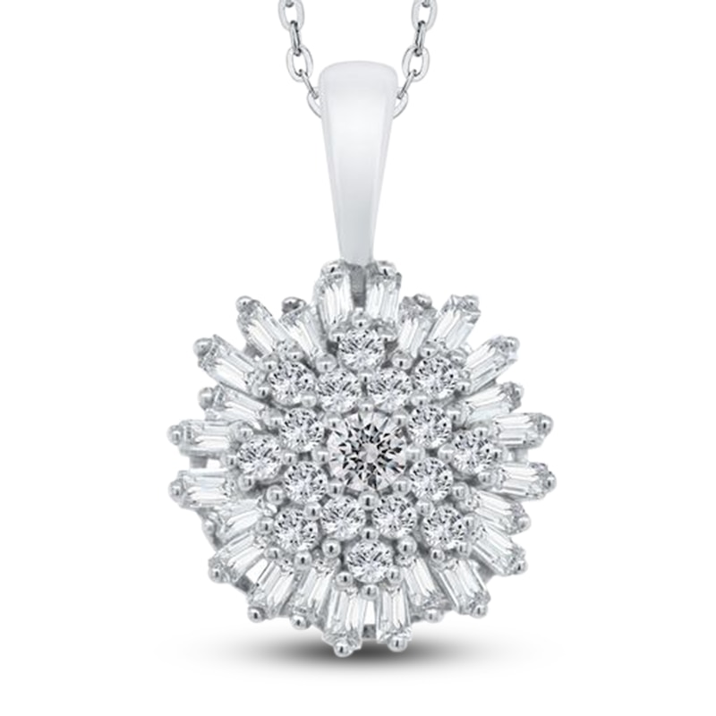 Diamond Floral Pendant Necklace 3/8 ct tw Round/Baguette 10K White Gold ...