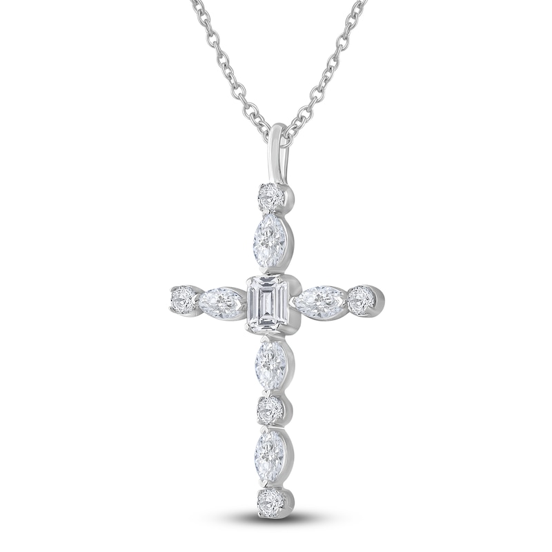 Main Image 2 of Diamond Cross Pendant Necklace 1 ct tw Emerald/Marquise/Round 14K White Gold 18&quot;