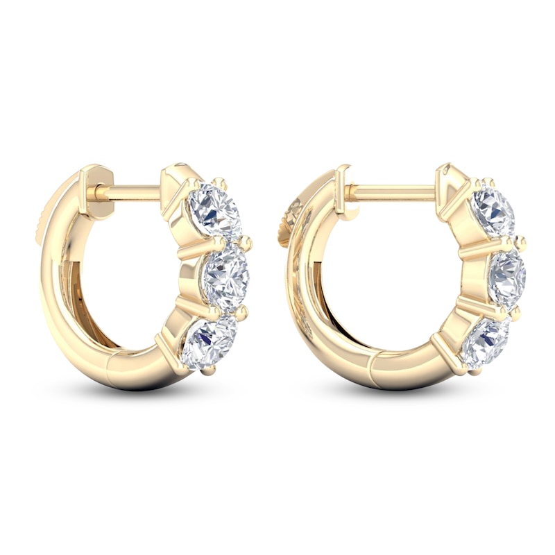 Main Image 2 of Lab-Created Diamond Three-Stone Huggie Hoop Earrings 2 ct tw 14K Yellow Gold