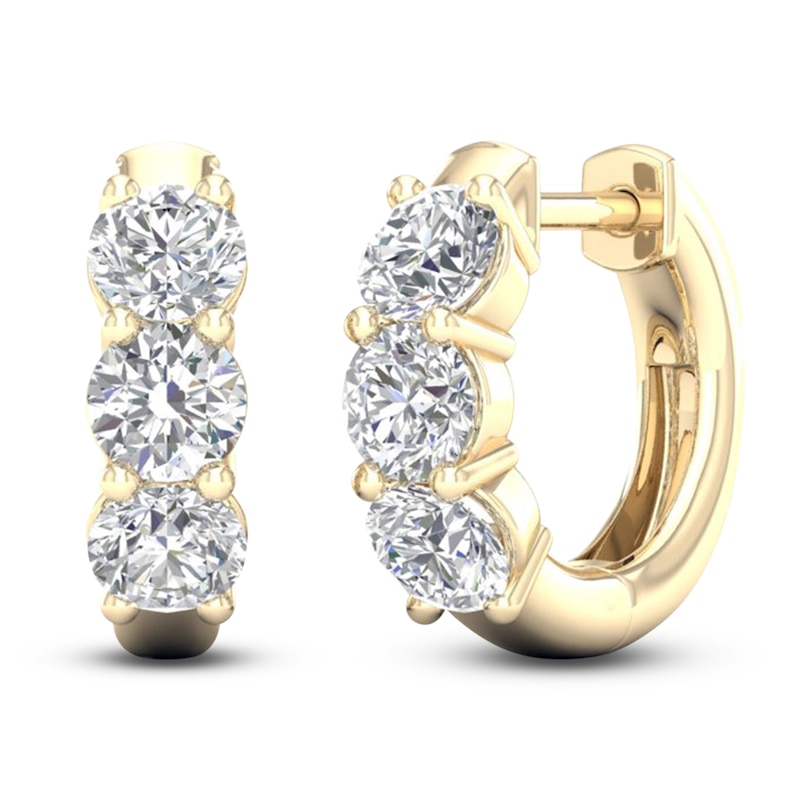 Main Image 3 of Lab-Created Diamond Three-Stone Huggie Hoop Earrings 2 ct tw 14K Yellow Gold