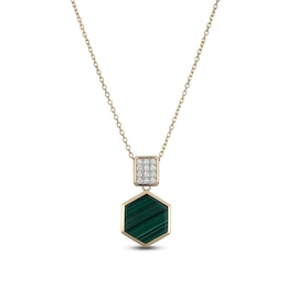 Hexagon-Cut Natural Malachite & Diamond Necklace 1/8 ct tw 14K Yellow Gold 18&quot;