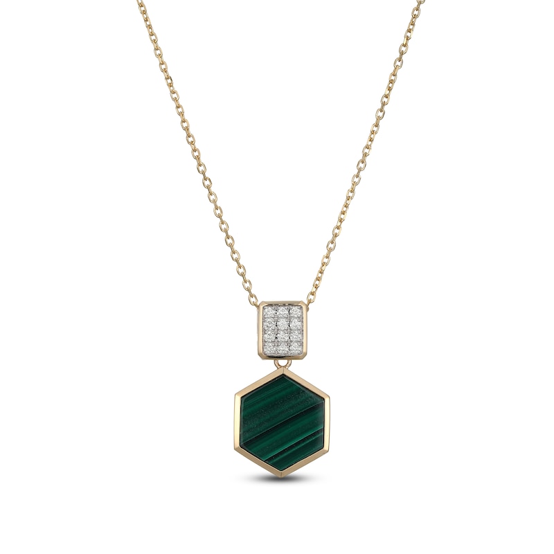 Main Image 1 of Hexagon-Cut Natural Malachite & Diamond Necklace 1/8 ct tw 14K Yellow Gold 18&quot;