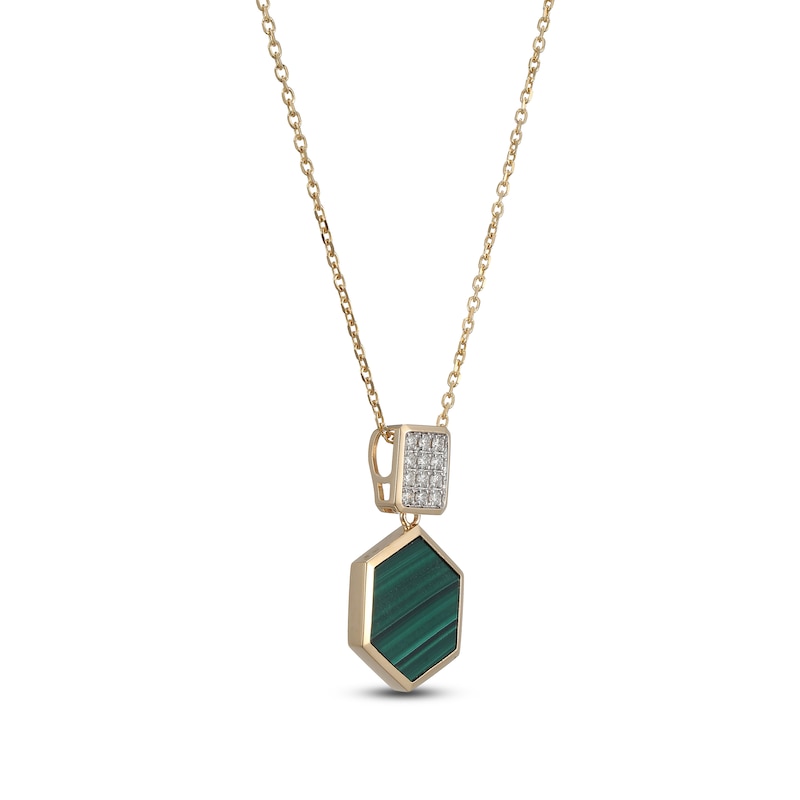 Main Image 2 of Hexagon-Cut Natural Malachite & Diamond Necklace 1/8 ct tw 14K Yellow Gold 18&quot;