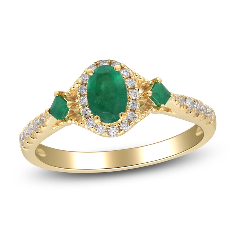 Oval-Cut & Square-Cut Natural Emerald & Diamond Three-Stone Ring 1/5 ct tw 14K Yellow Gold