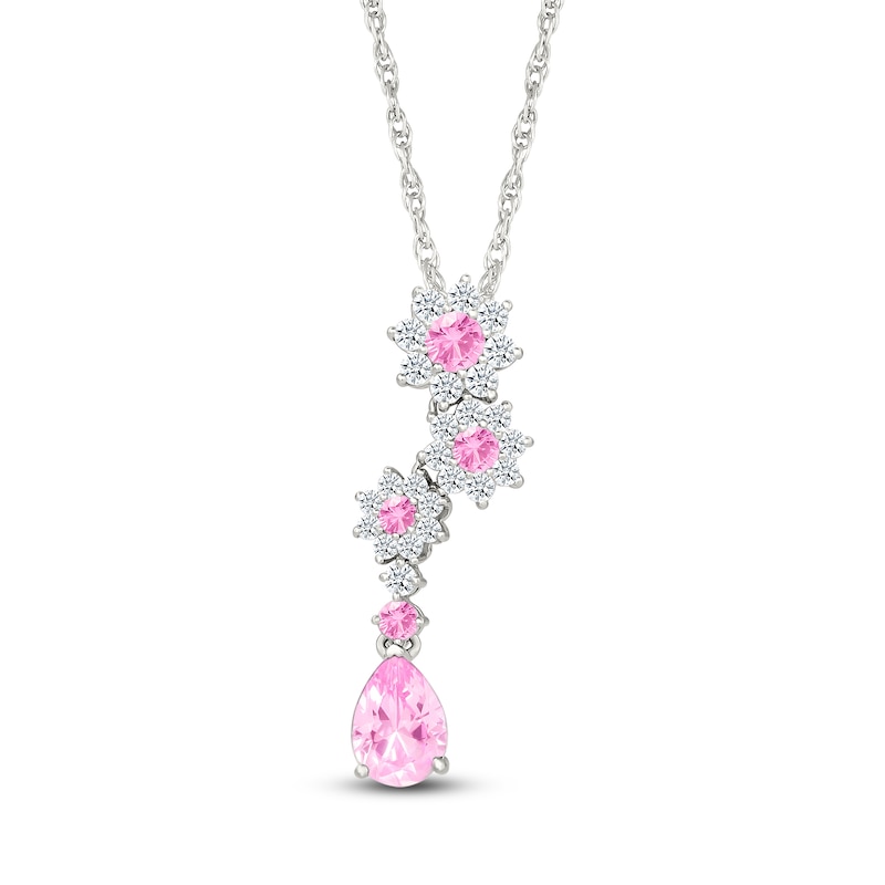 Pear-Shaped Pink Lab-Created Sapphire & White Lab-Created Sapphire Flower Drop Necklace Sterling Silver 18"