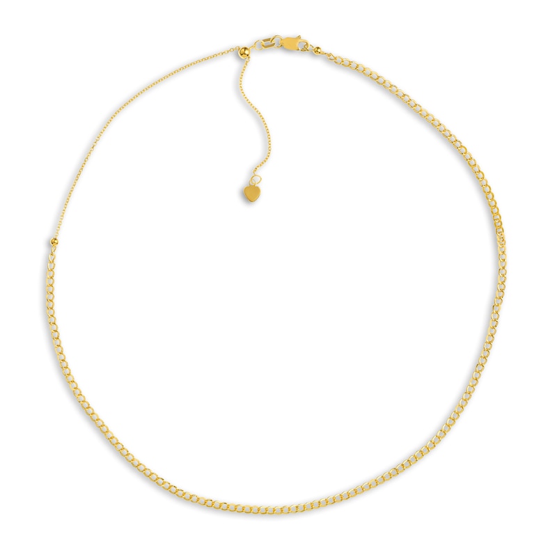 Semi-Solid Curb Chain Choker Necklace 14K Yellow Gold 12" Adj.