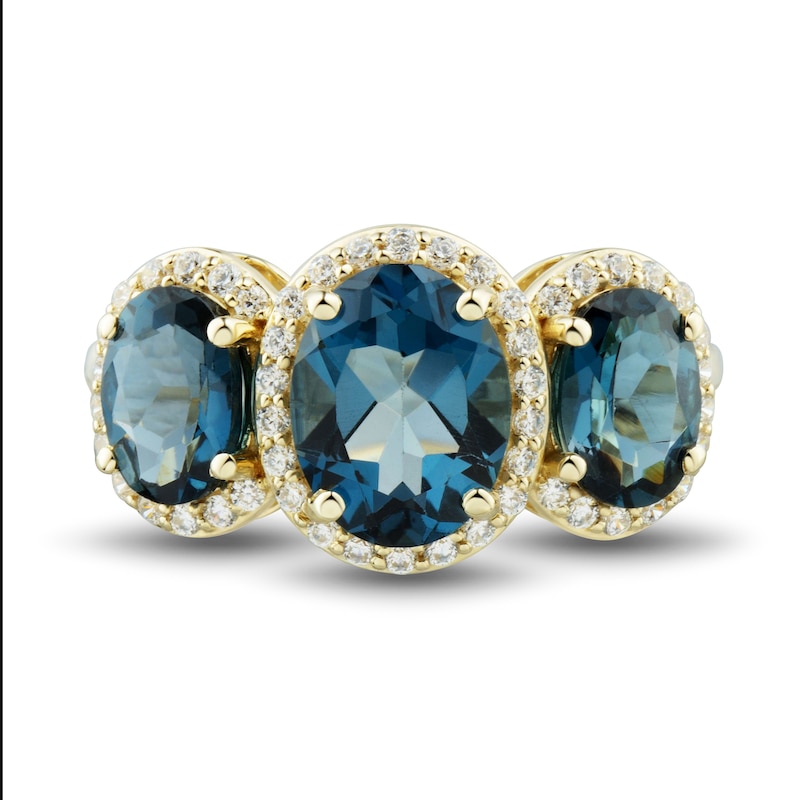 Main Image 2 of Natural Blue Topaz Three-Stone Ring 1/4 ct tw Diamonds 10K Yellow Gold