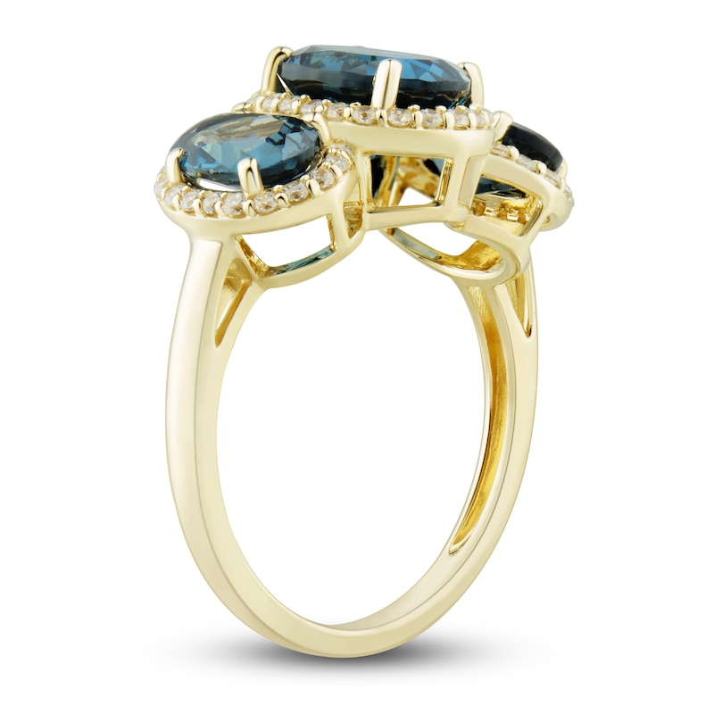 Main Image 3 of Natural Blue Topaz Three-Stone Ring 1/4 ct tw Diamonds 10K Yellow Gold