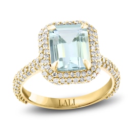 LALI Jewels Natural Aquamarine Engagement Ring 1ct Diamonds 14K Yellow Gold