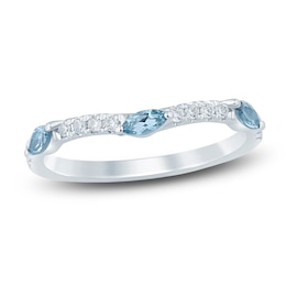 Natural Aquamarine Marquise-Cut & Round Diamond Contour Anniversary Ring 1/6 ct tw 14K White Gold