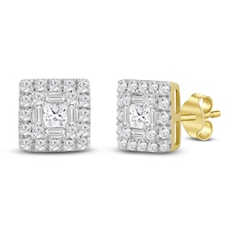 Men's Baguette & Round-Cut Multi-Diamond Square Stud Earrings 1/2 ct tw 10K Yellow Gold