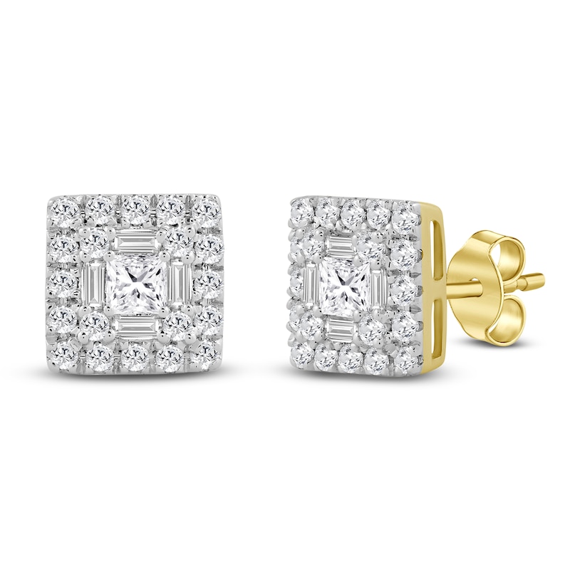 Main Image 1 of Men's Baguette & Round-Cut Multi-Diamond Square Stud Earrings 1/2 ct tw 10K Yellow Gold