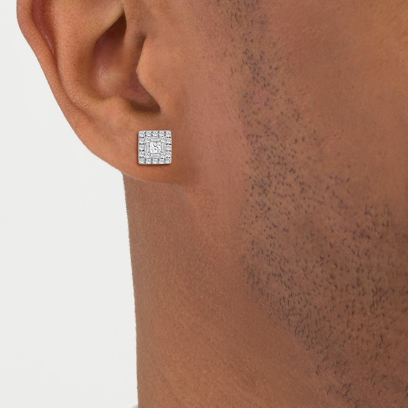 Main Image 3 of Men's Baguette & Round-Cut Multi-Diamond Square Stud Earrings 1/2 ct tw 10K Yellow Gold