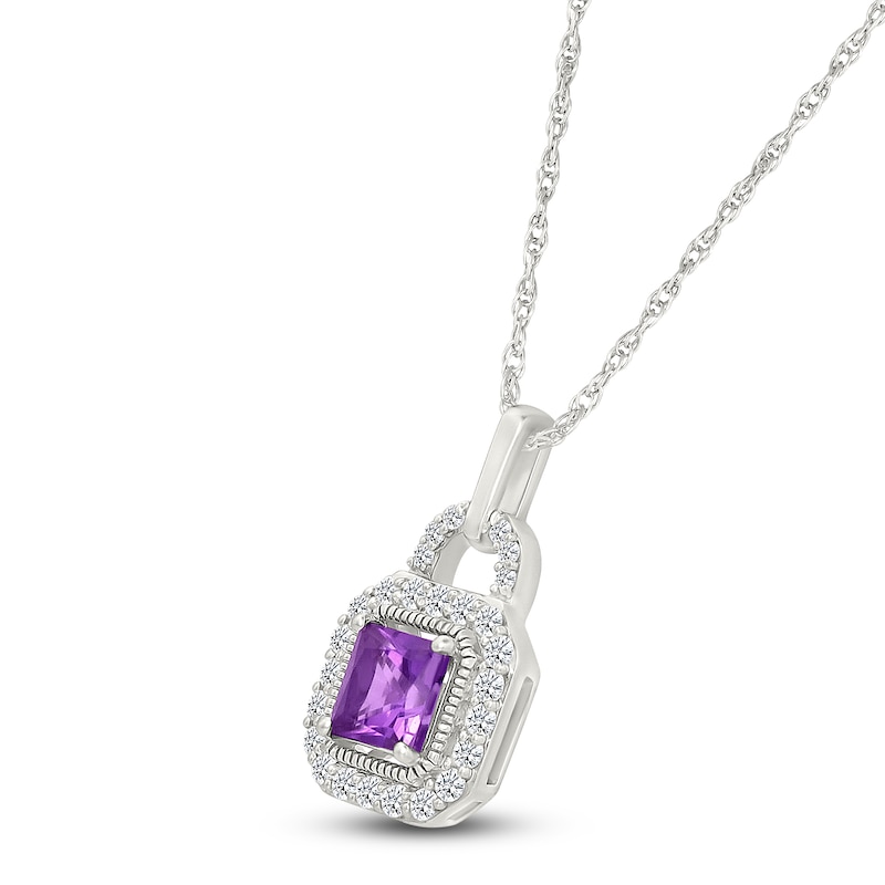 Main Image 2 of Square-Cut Natural Amethyst & White Lab-Created Sapphire Lock Necklace Sterling Silver 18&quot;