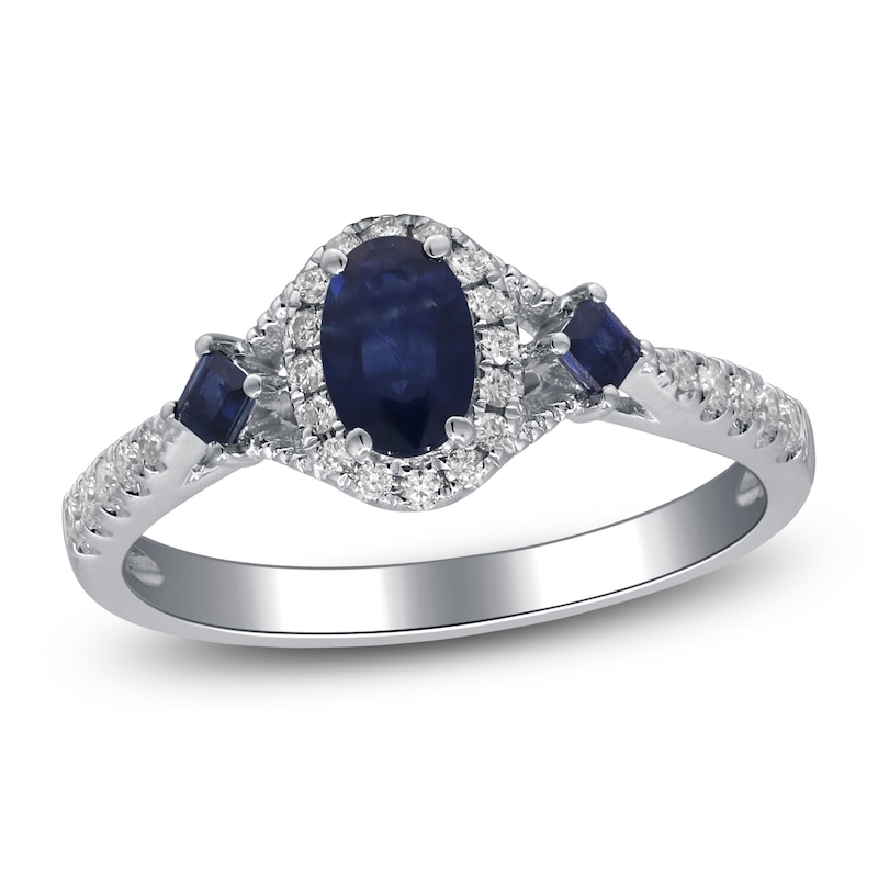 Oval-Cut & Square-Cut Natural Blue Sapphire & Diamond Three-Stone Ring 1/5 ct tw 14K White Gold