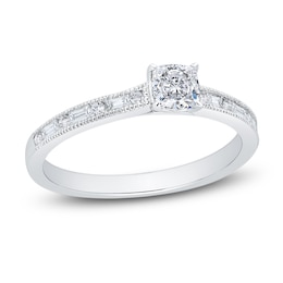 Diamond Engagement Ring 5/8 ct tw Cushion/Round/Baguette 14K White Gold