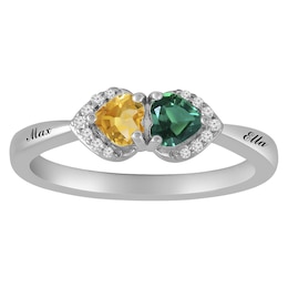 East West Halo Heart Birthstone Couple's Ring (2 Stones and Lines)