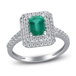 Emerald-Cut Natural Emerald & Diamond Halo Engagement Ring 1/3 ct tw 14K White Gold