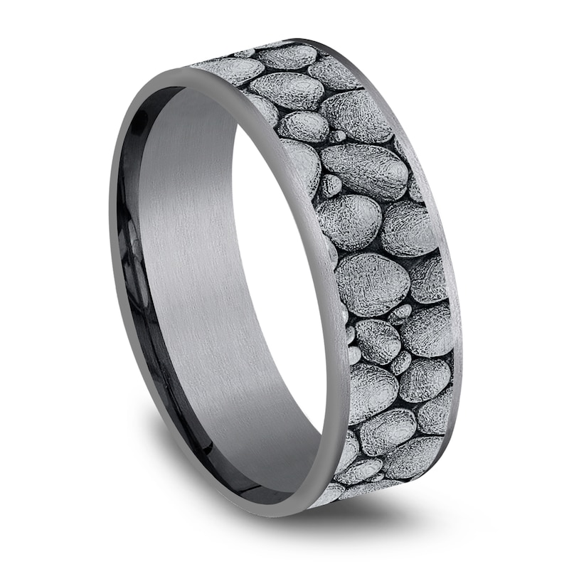 Main Image 2 of Men's Rock Pattern Comfort-Fit Wedding Band 7.5mm Matte Tantalum & 14K White Gold