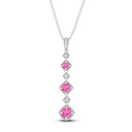 Pink & White Lab-Created Sapphire Drop Necklace Sterling Silver 18&quot;