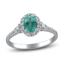 Oval-Cut Natural Emerald & Diamond Halo Engagement Ring 1/3 ct tw 14K White Gold