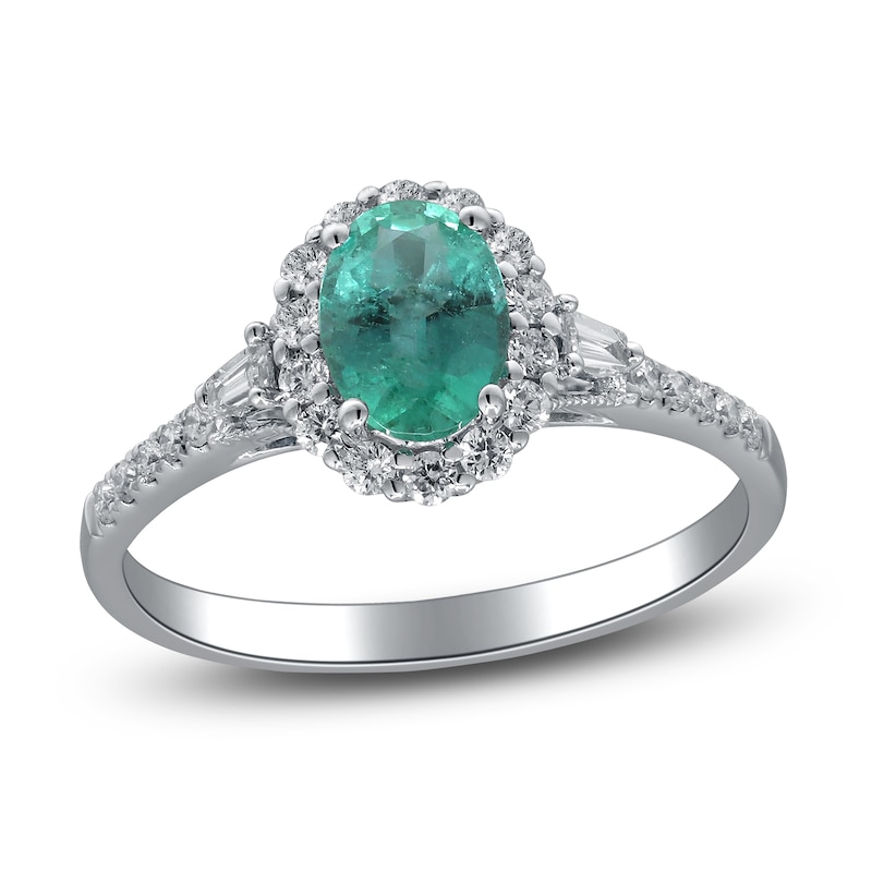 Main Image 1 of Oval-Cut Natural Emerald & Diamond Halo Engagement Ring 1/3 ct tw 14K White Gold