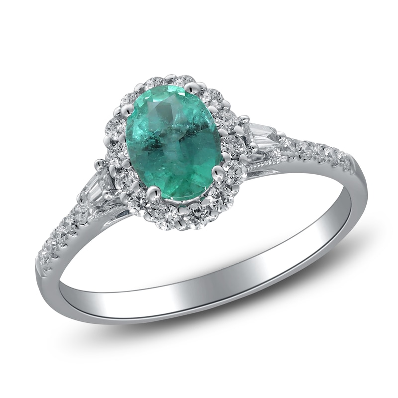 Main Image 2 of Oval-Cut Natural Emerald & Diamond Halo Engagement Ring 1/3 ct tw 14K White Gold