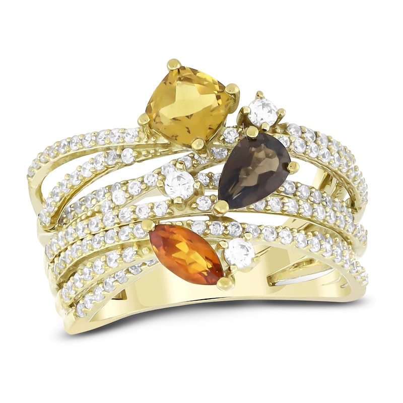 Natural Citrine, Yellow Quartz, Smoky Quartz & Diamond Ring 3/4 ct tw 10K Gold