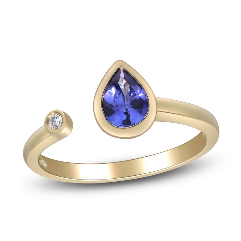 Main Image 1 of Pear-Shaped Natural Tanzanite & Diamond Accent Bezel Open Cuff Ring 10K Yellow Gold