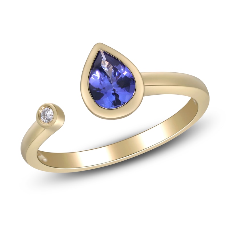 Main Image 2 of Pear-Shaped Natural Tanzanite & Diamond Accent Bezel Open Cuff Ring 10K Yellow Gold